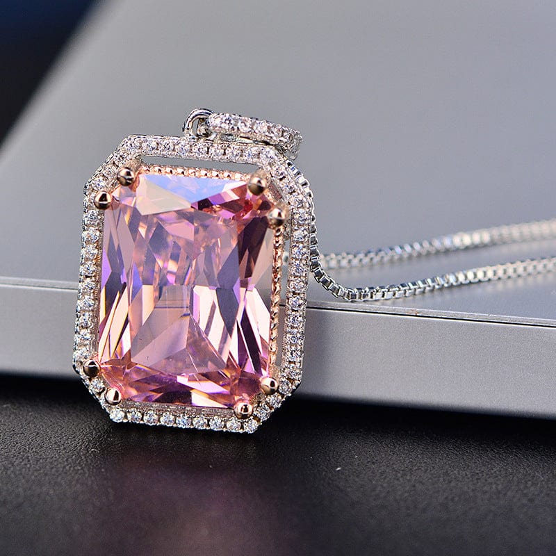 Children's Necklace Pink 3a Zircon Large Square Geometric Diamond Pendant Short Necklace - Dazora Jewels  - Dazora Jewels 