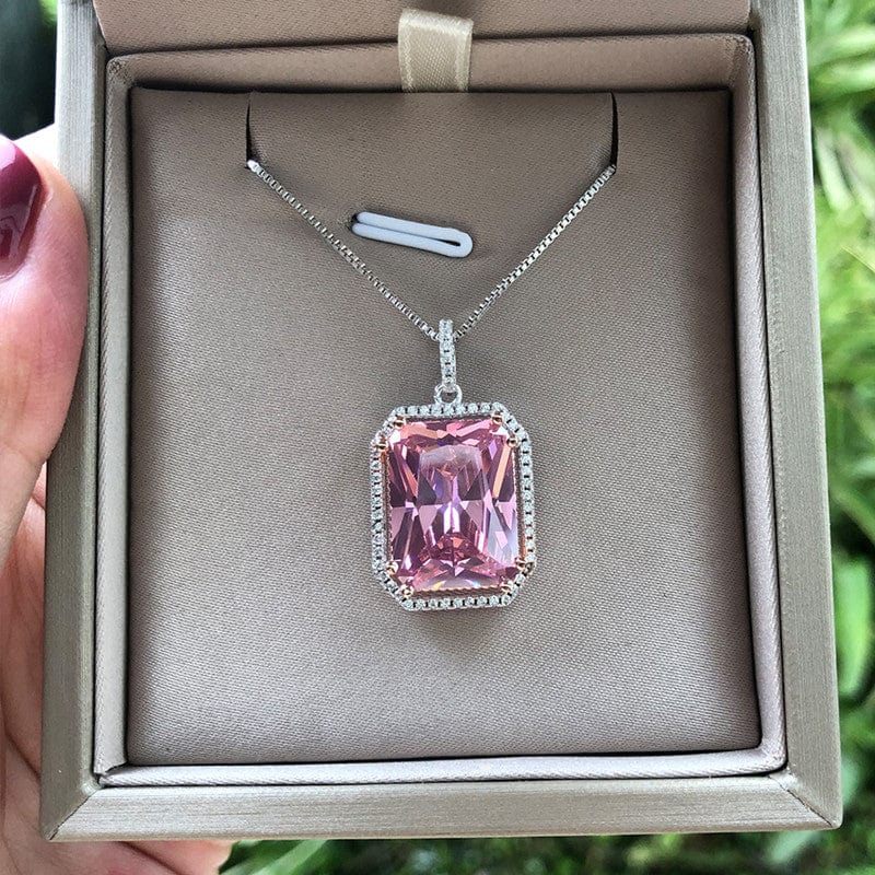 Children's Necklace Pink 3a Zircon Large Square Geometric Diamond Pendant Short Necklace - Dazora Jewels  - Dazora Jewels 