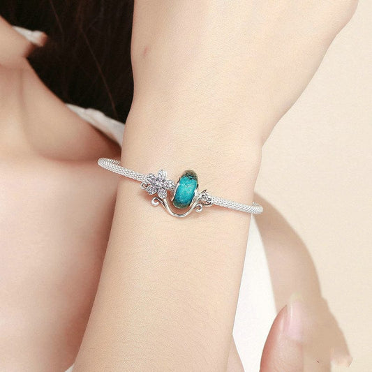Sterling Silver Daisy Flower Green Glass Beads Strand Charms Bracelets - Dazora Jewels  - Dazora Jewels 