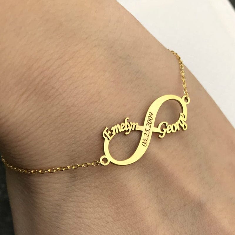 Personalized Jewelry Custom Double Name Date Infinity Bracelet Rose Gold Infinity Nameplate Bracelets Stainless Steel Hand Chain - Dazora Jewels  - Dazora Jewels 