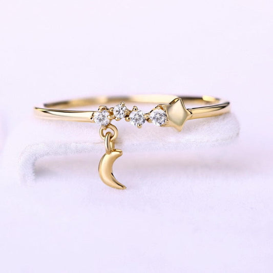 14K gold luxurious hand decoration, star moon ring, - Dazora Jewels  - Dazora Jewels 