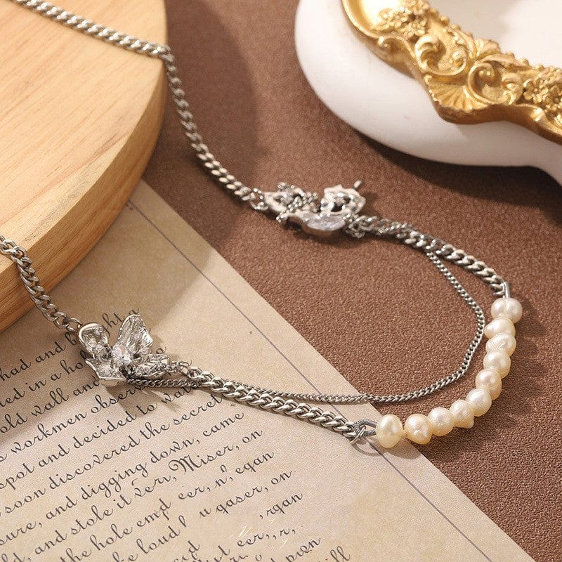 Korean Style Ins Style Natural Pearl Flower Double-layer Necklace - Dazora Jewels  - Dazora Jewels 