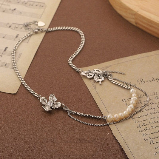 Korean Style Ins Style Natural Pearl Flower Double-layer Necklace - Dazora Jewels  - Dazora Jewels 
